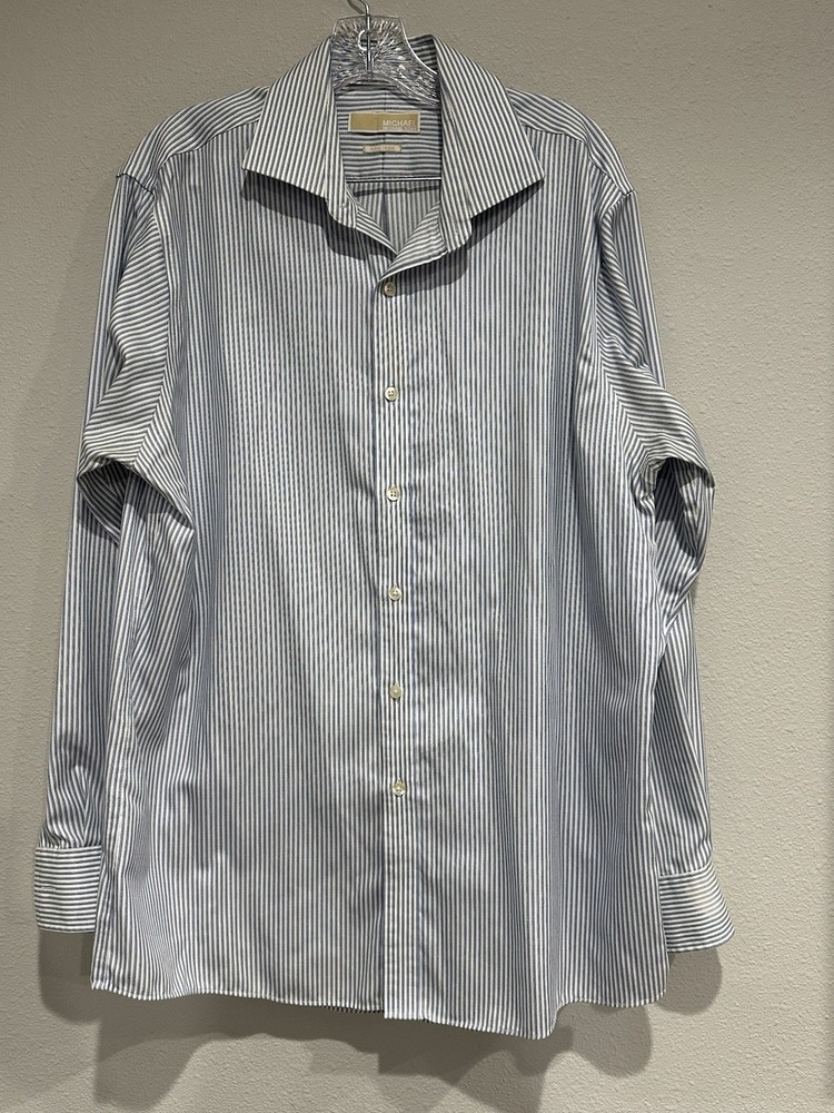 Michael Kors Mens Button Down DressShirt Blue Stripe Reg Fit Non Iron 16.5 34-35