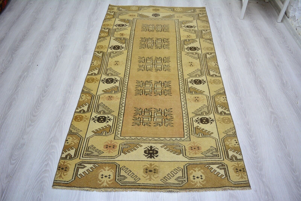 Vintage Turkish Brown Handmade Rug 3.2x6ft Traditional Antique Ethnic Carpet