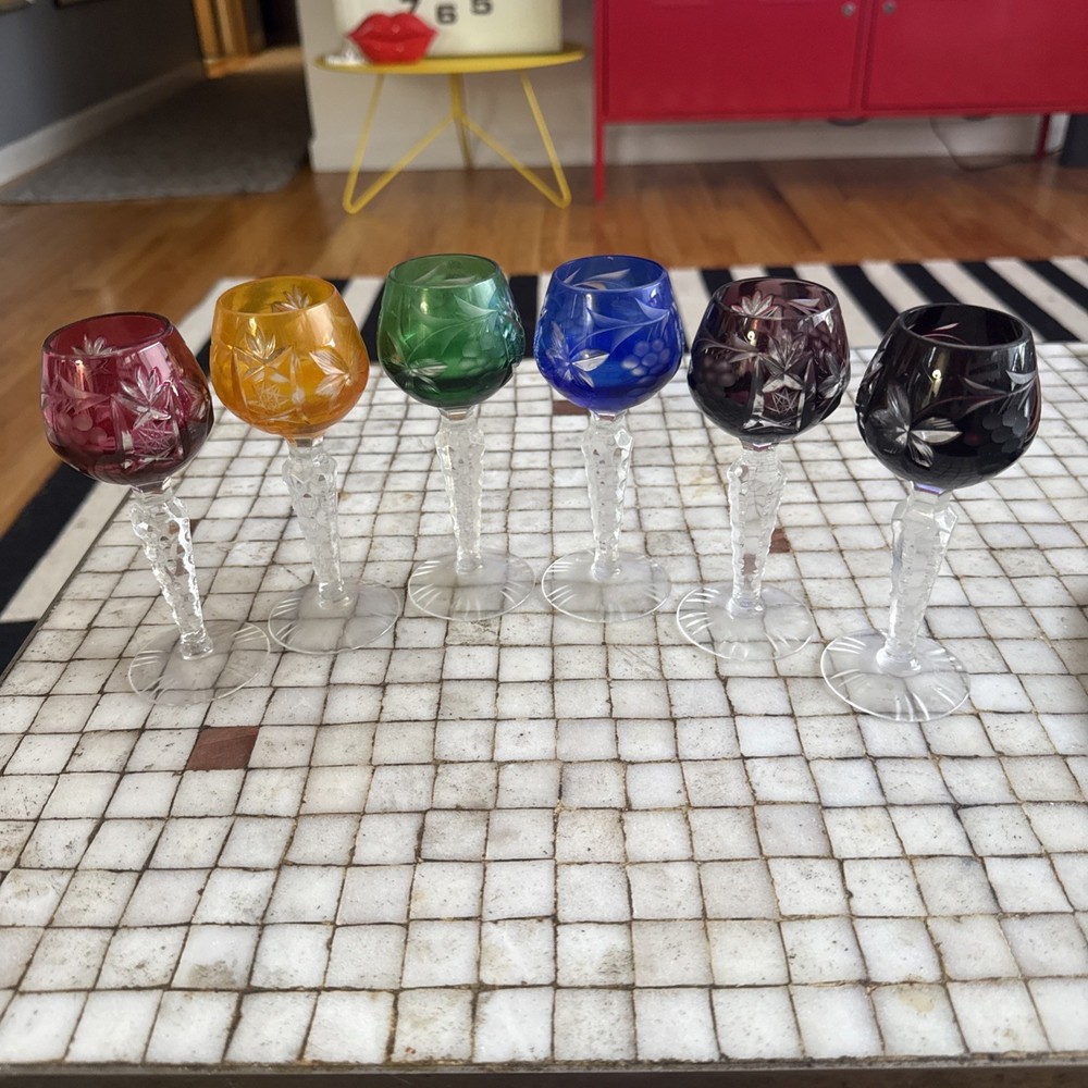 6 Vintage Bohemian Czech Cut to Clear Crystal Cordial Apertif Glasses 5.25”