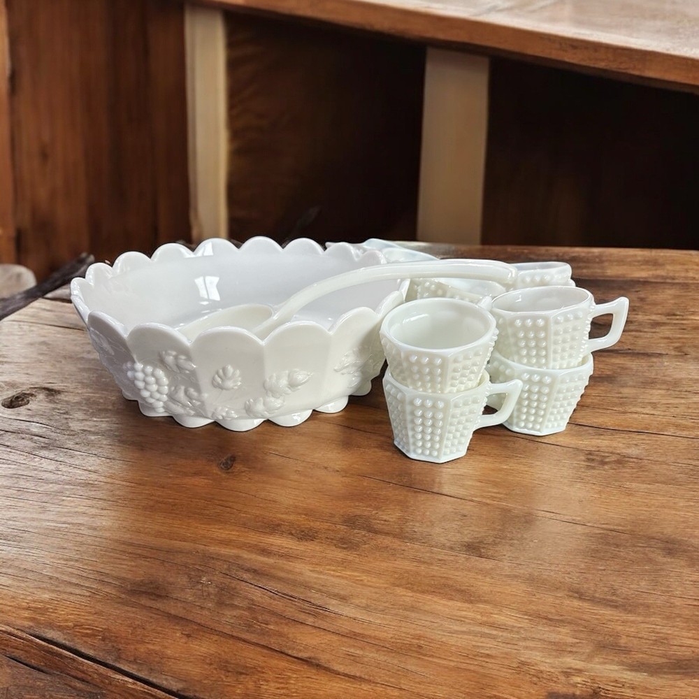 Vintage milk glass punch bowl set with cups and ladle