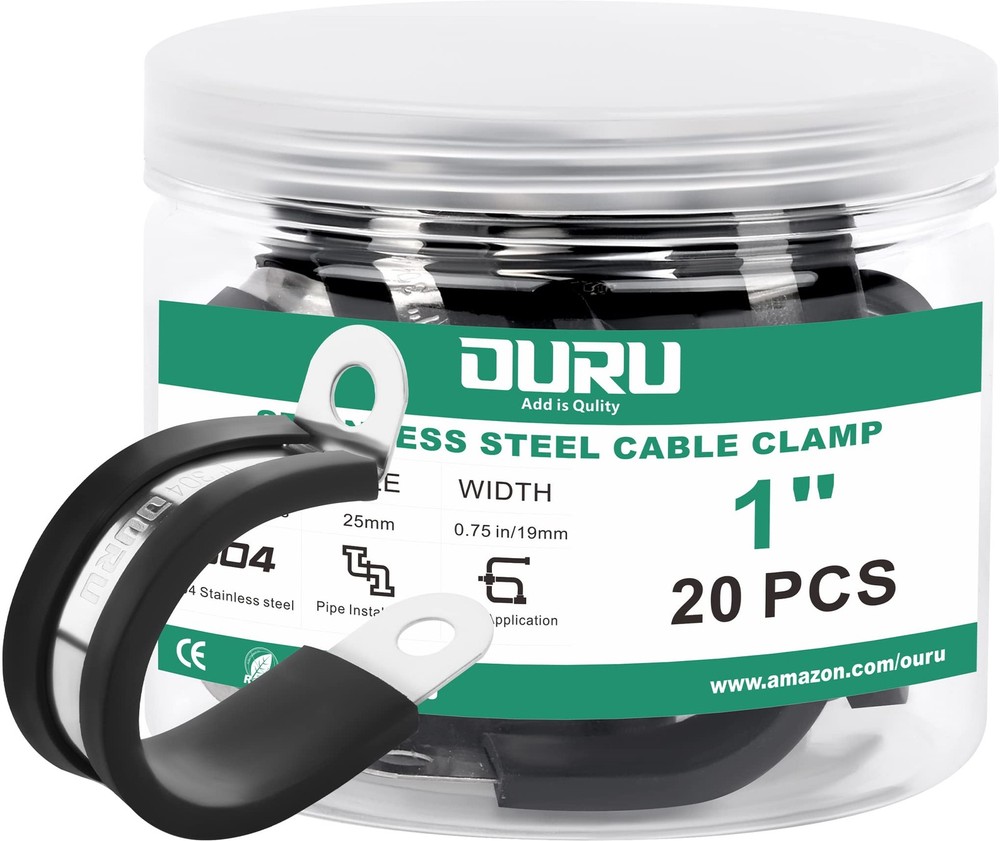 20pcs 1 Inch Black Rubber Coated Stainless Steel Cable Clamps by OURU