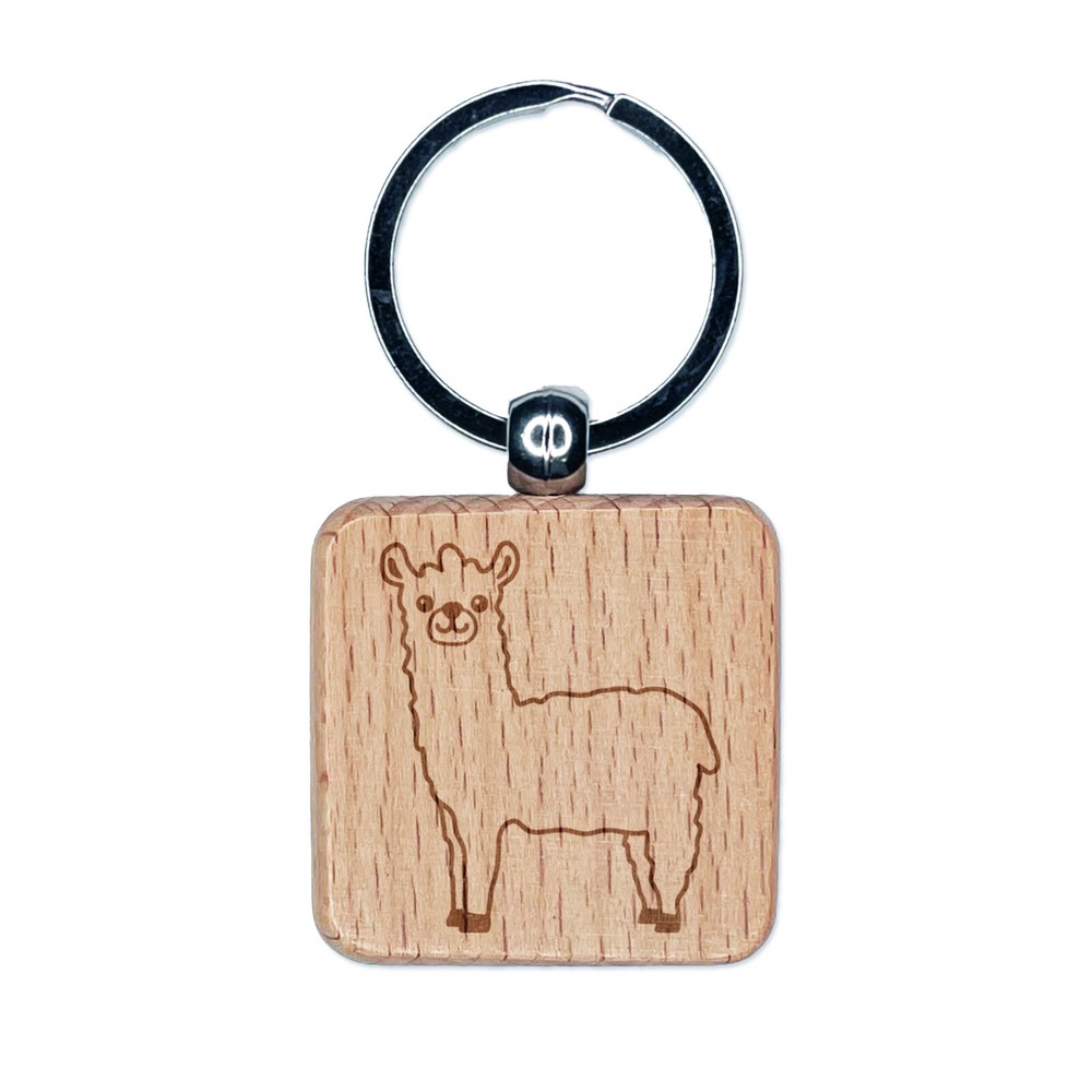 Lovely Llama Alpaca Engraved Wood Square Keychain Tag Charm