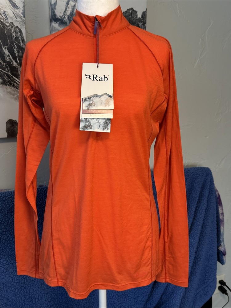 NWT Women’s Rab Merino+ 120 Long Sleeve 1/4 Zip, 65% Merino- Large, Melon