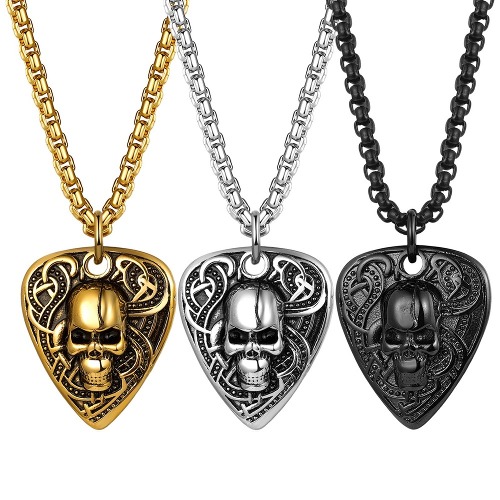 Gothic Punk Mens Cool Skull Guitar Pick Shape Pendant Stainless Steel Necklace