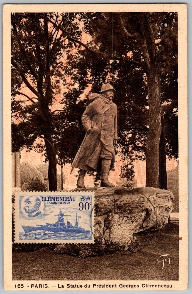 Vtg Postcard Statue President Georges Clemenceau Paris, Fr 1930s