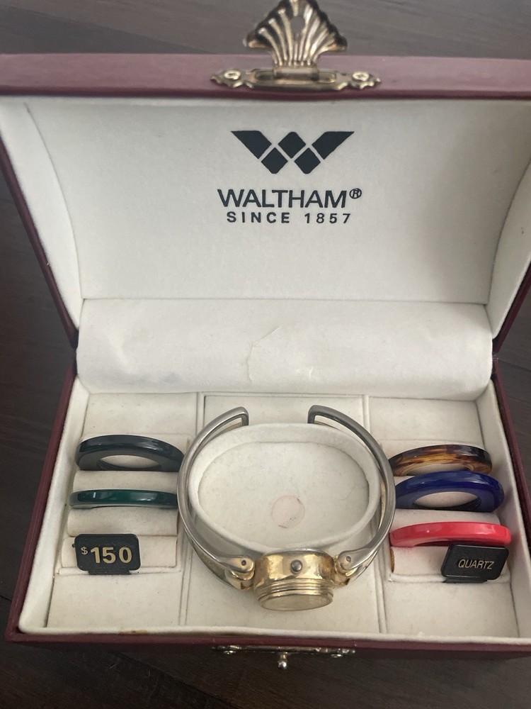 Vintage Waltham Gold Tone Quartz Bracelet Watch Set with Mother of Pearl face.