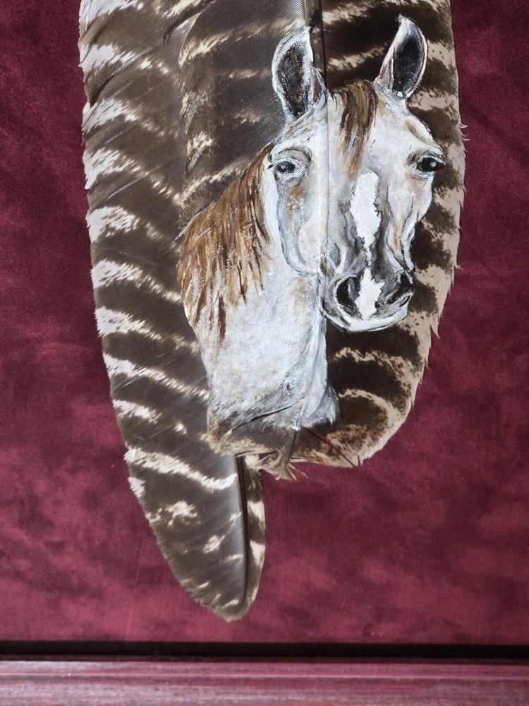 Horse Painted Turkey Feather Wall Art American Western Signed Jackie Dowdy Frame