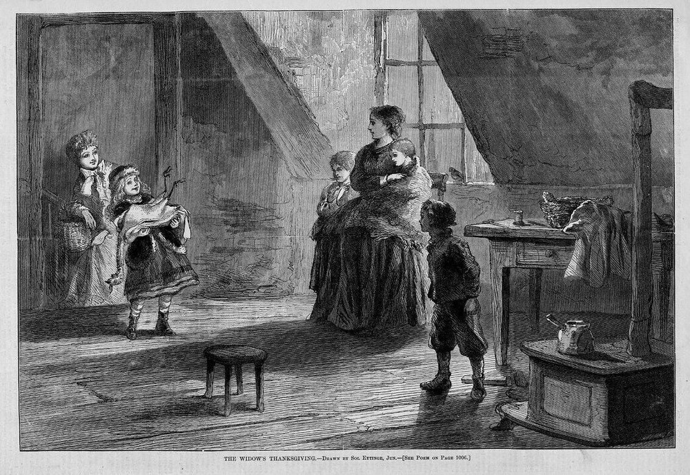 WIDOW'S THANKSGIVING, MOTHER AND HER YOUNG CHILDREN, NEIGHBORS GIFT A TURKEY