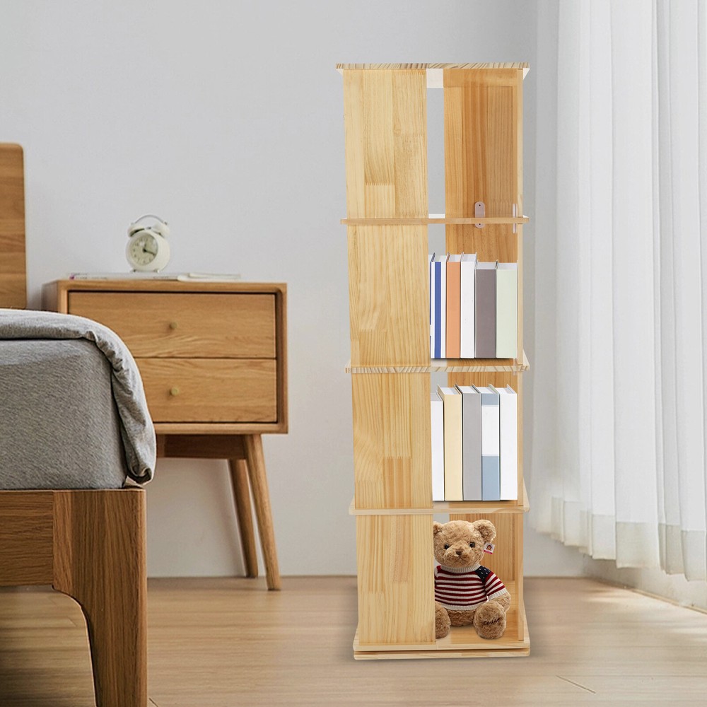 Natural Bamboo Rotatable 4-Tier Magazine Storage Rack