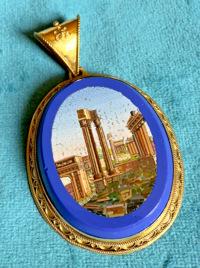 Victorian Micro Mosaic Pendant Roman Forum Etruscan Revival Vermeil Rome c.1850