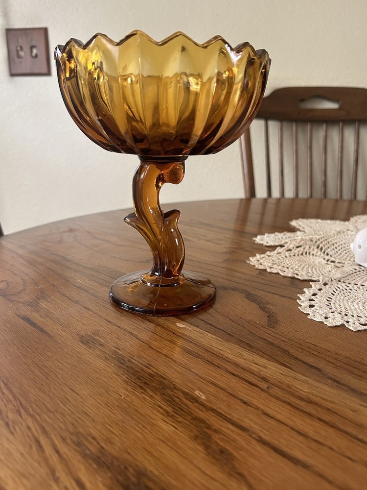 Vintage Indiana Glass Amber Lotus Blossom Pedestal Candy Dish Compote