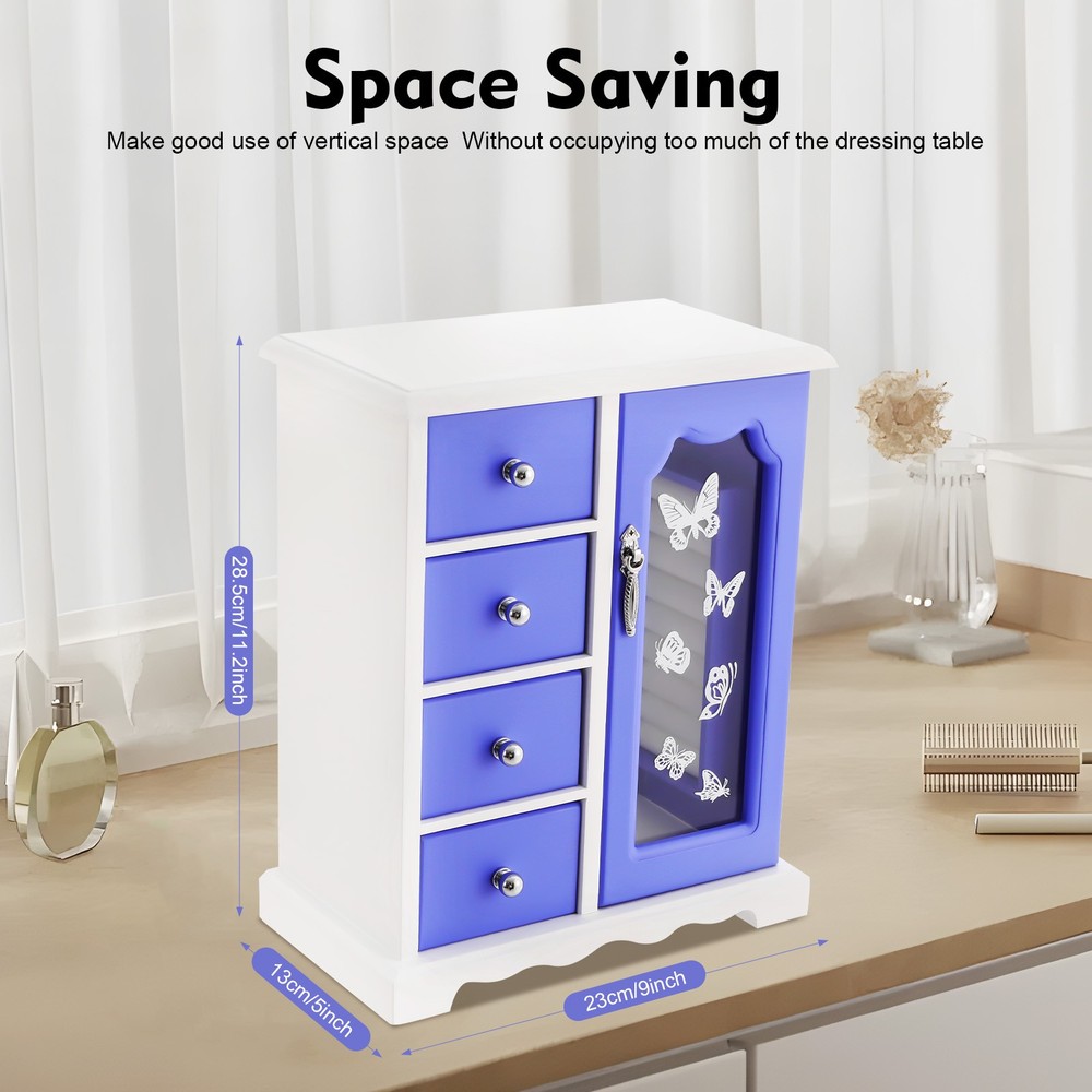Double Door Built-in Mirror Purple Butterfly Jewelry Box with 4Drawers Organizer