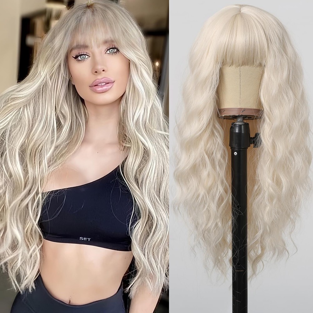 White Wigs for Women Long Curly Wig Platinum Blonde Wig With Bangs Heat Resis...