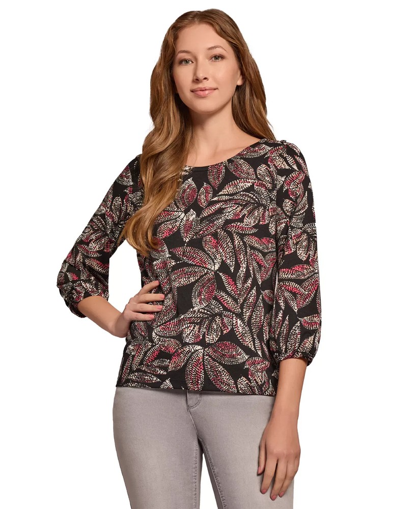 Jones New York Women's Top Petite PM Printed Shoulder-Button