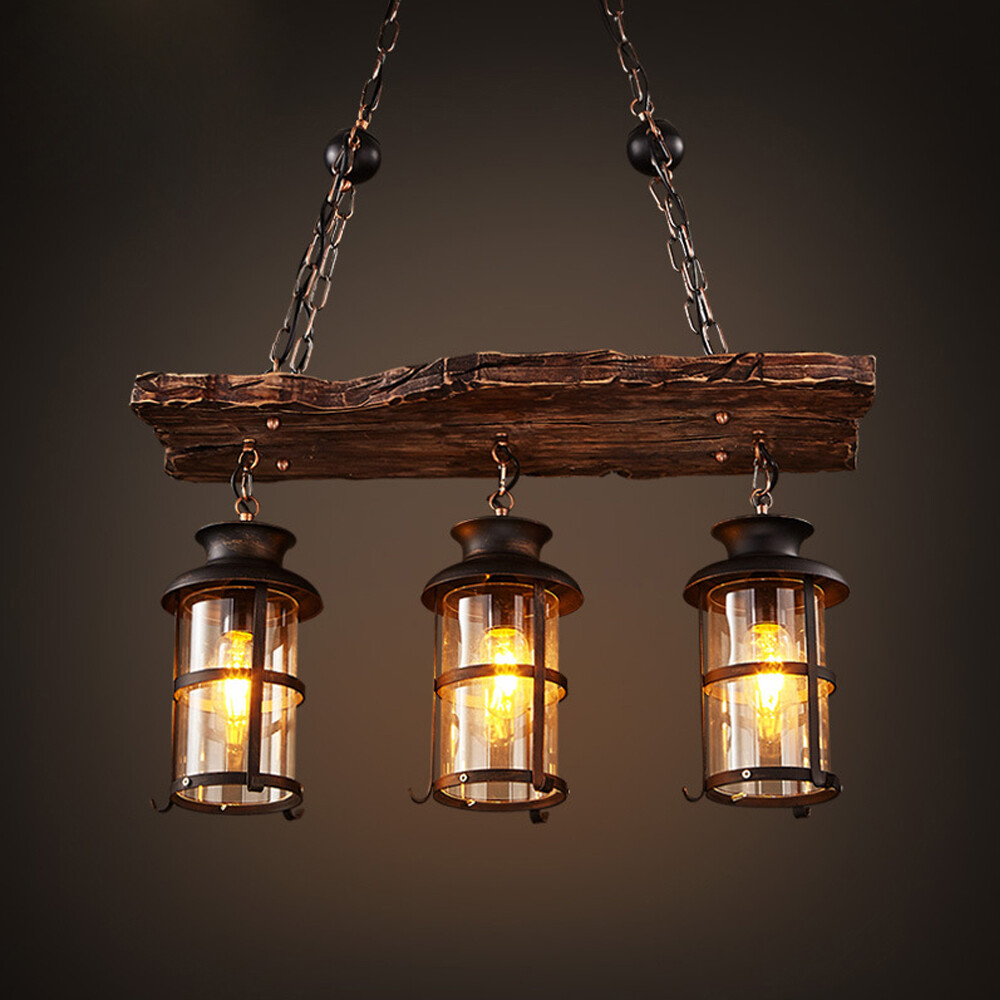 Vintage Wood Pendants Lights Industrial Retro Cafe Bar Lamp Chandelier Ceiling