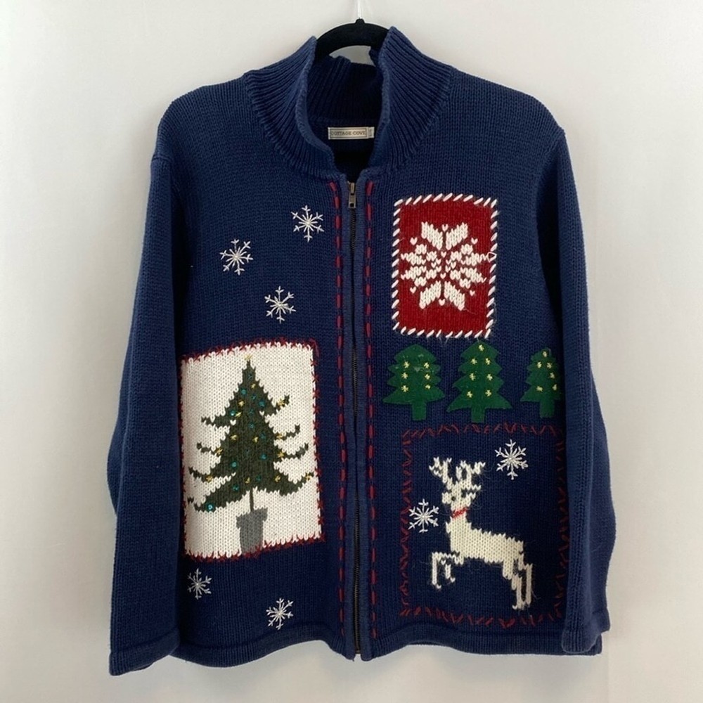 Cottage Cove Christmas Zip-Up Sweater Cotton Blend Size Large