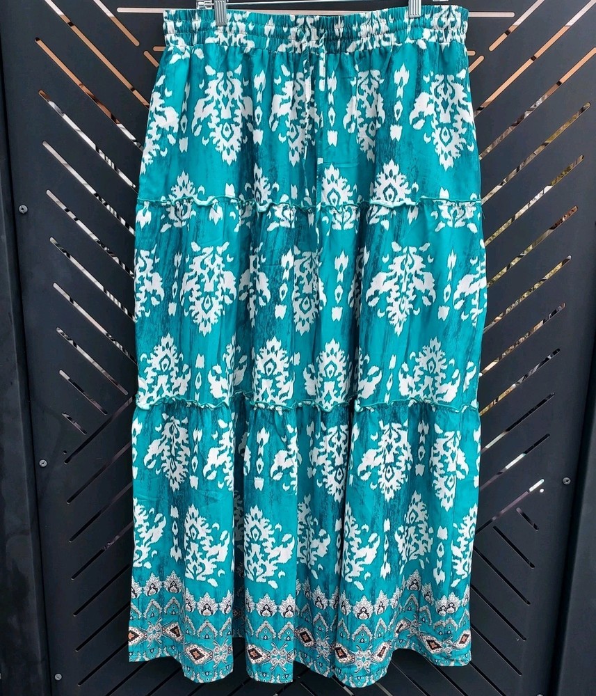 2X Turquoise Beachy Print Tiered Maxi Skirt NWT Comfy Elastic Waist Boho Pockets