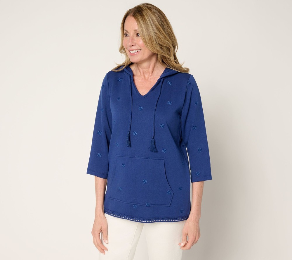 Denim & Co. Women's Top Sz S Beach Sleeve Embroidered Pullover Blue A690407