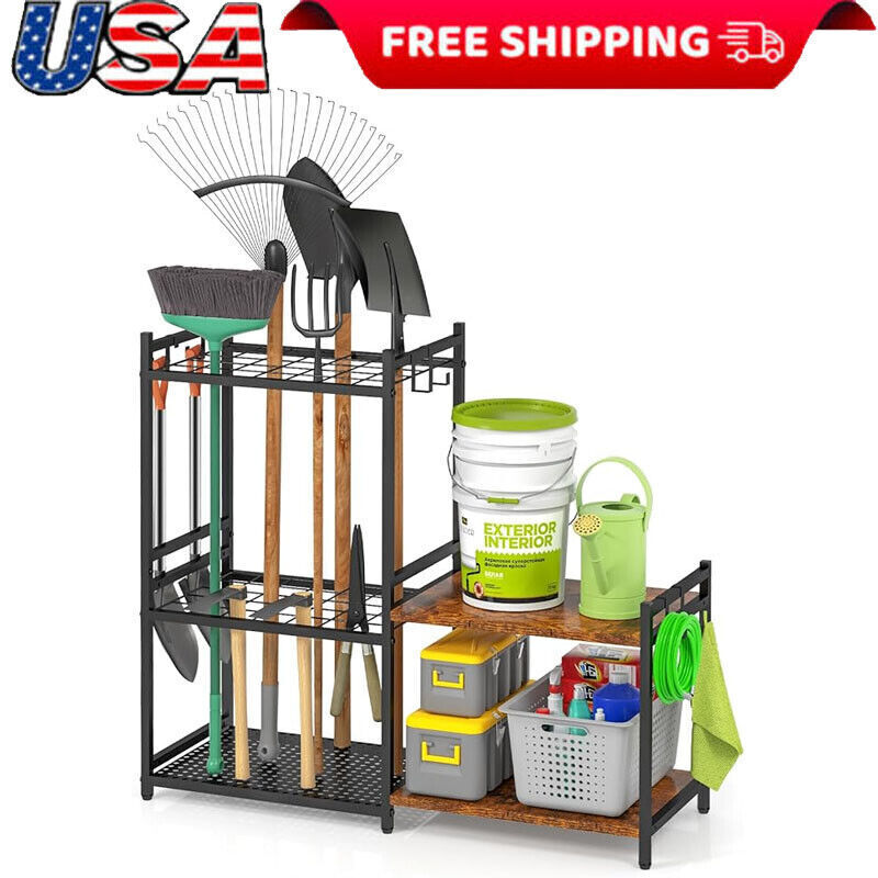 Heavy Duty Garage Tool Organizer with 6 Hooks for Yard Storage