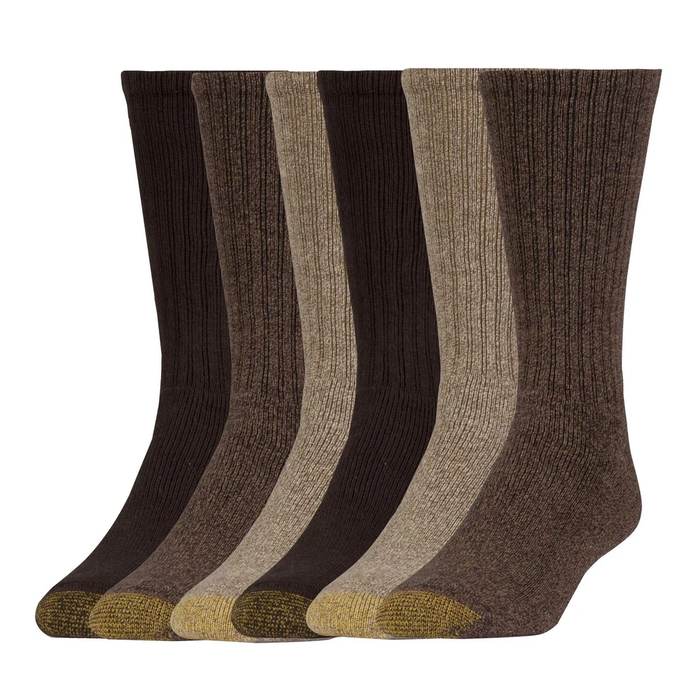 Gold Toe Extended Crew Socks 6-Pack Taupe Marl Khaki Brown Size 12 CN7