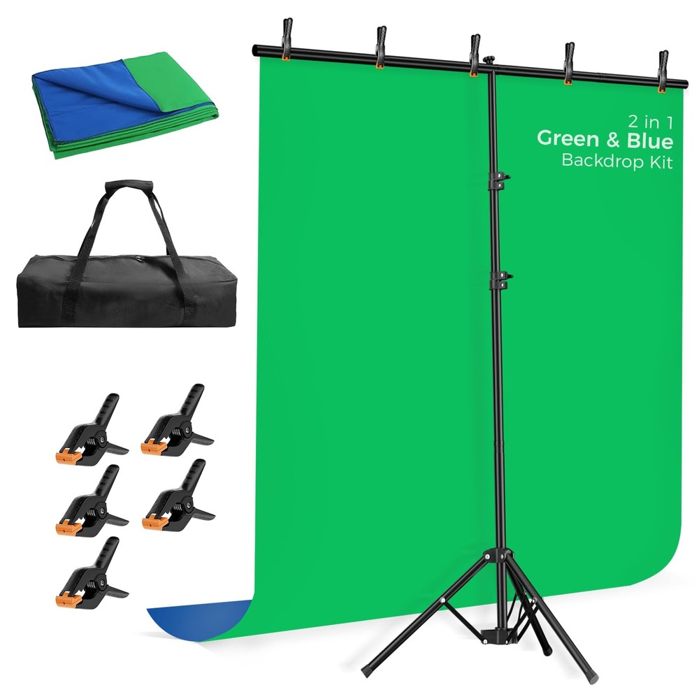 Blue Green Screen Backdrop Kit with Reverse Folding Base, 5x6.5ft Portable T-...