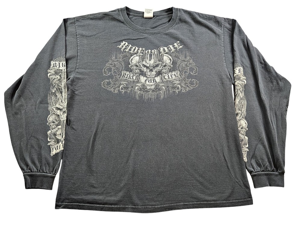 Hot Leathers Shirt XL Black Long Sleeve Ride For Life Skull Biker Y2K Grunge