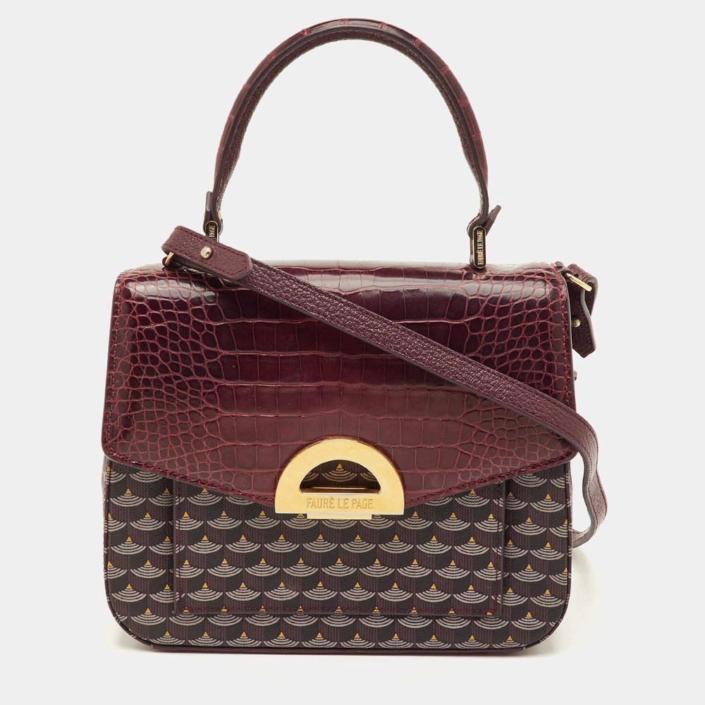 Faure Le Page Burgundy Coated Canvas and Croc Embossed Leather Top Handle Bag