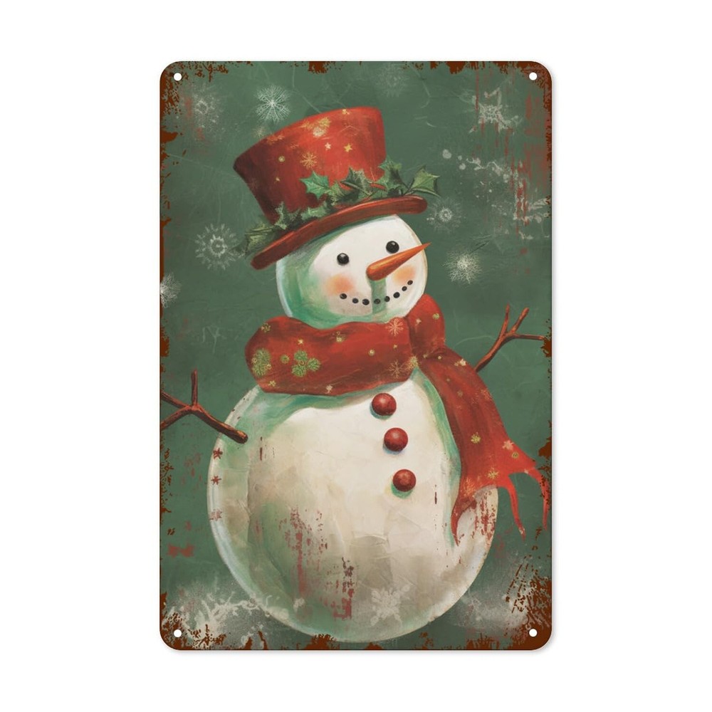 Christmas Snowman Tin Sign Vintage Aluminum Sign Rustic Wall Decor For Home F...