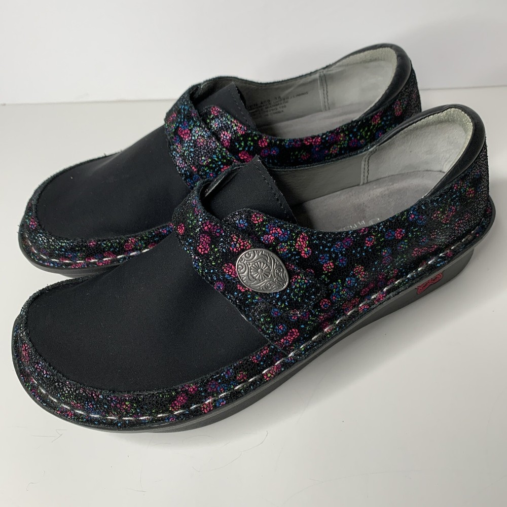 Alegria Den-489 Women's Size 38/7.5-8 US Black Floral Leather Shoes Comfort