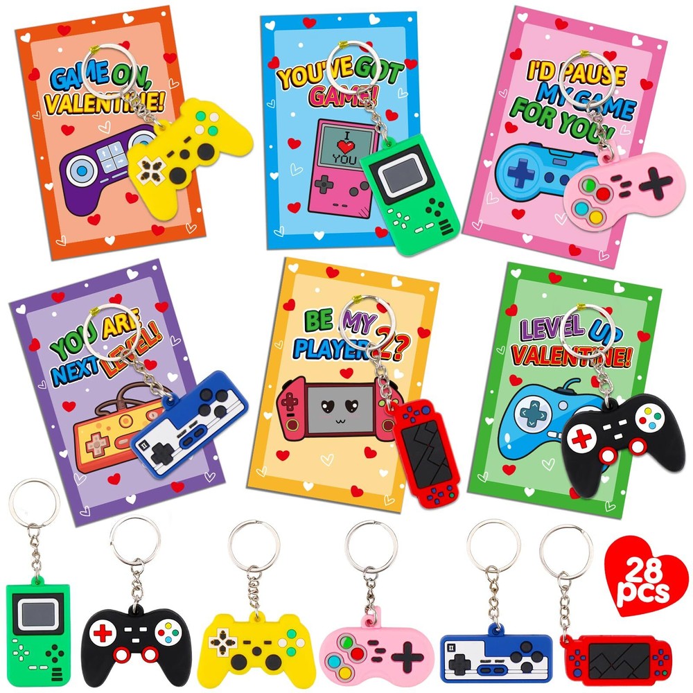 28PCS Video Game Keychains Valentines Day Cards for Kids School Classroom Fun...