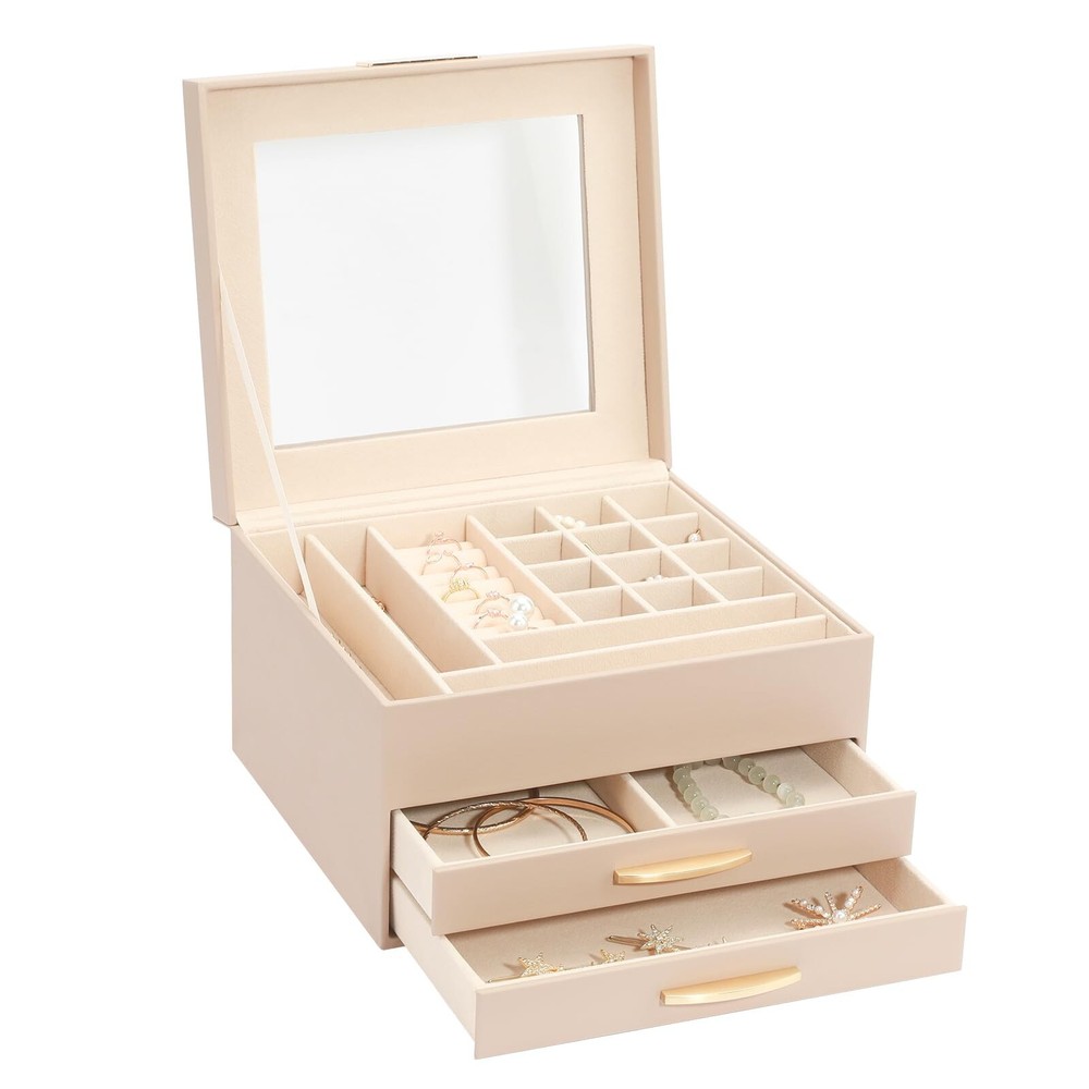 3-Layer Jewelry Organizer Box with 2 Drawers for Earrings, Rings & Necklaces