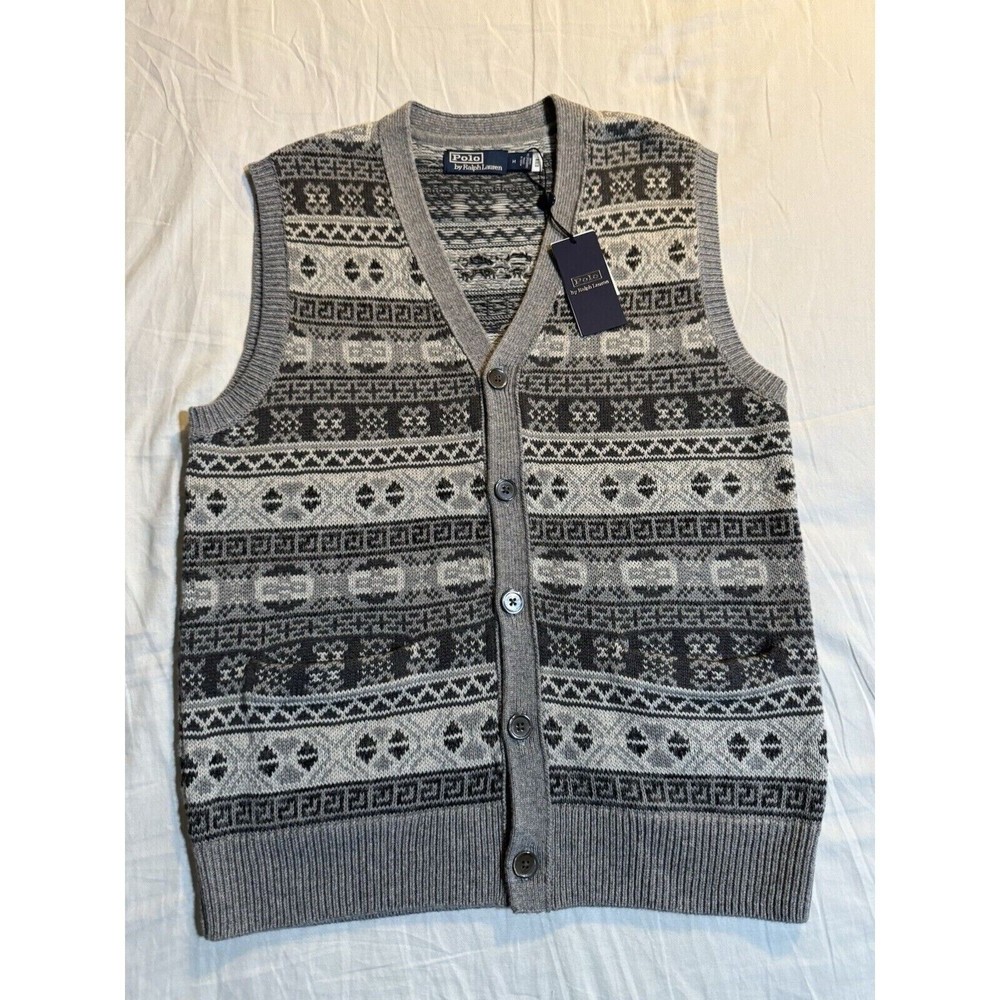 Polo Ralph Lauren Grey Cotton & Cashmere Fair Isle Sleeveless V-Neck Cardigan S