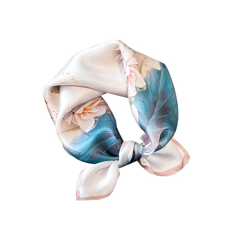 Silk Scarf Bandana for Women 53x53cm Floral Pink Blue Wrap