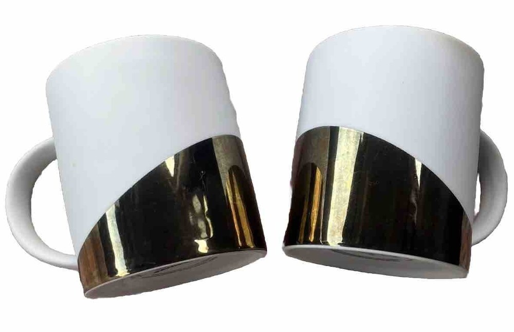 Starbucks 2012 Coffee Cup Matte White Asymmetric Metallic Gold 14oz Mug Set Of 2