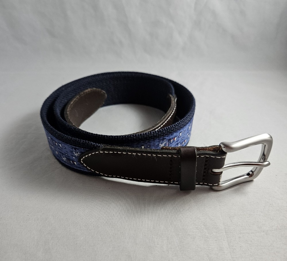 Vineyard Vines Belt Mens 32 Canvas Leather Sailboats Palm Trees Red White Blue