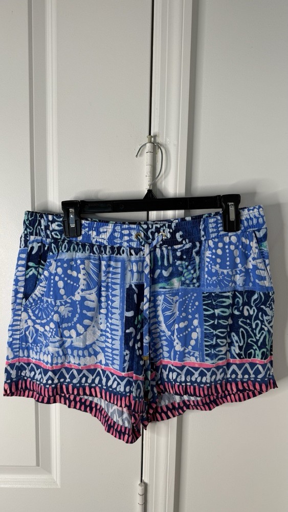 Lilly Pulitzer M Katia High Tide Drawstring Shorts Blue Multicolor Pockets Rayon