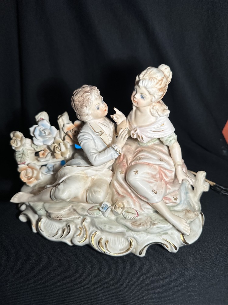 Victorian Couple Figurine Porcelain Courting Man Woman Gold White Vintage 10.5