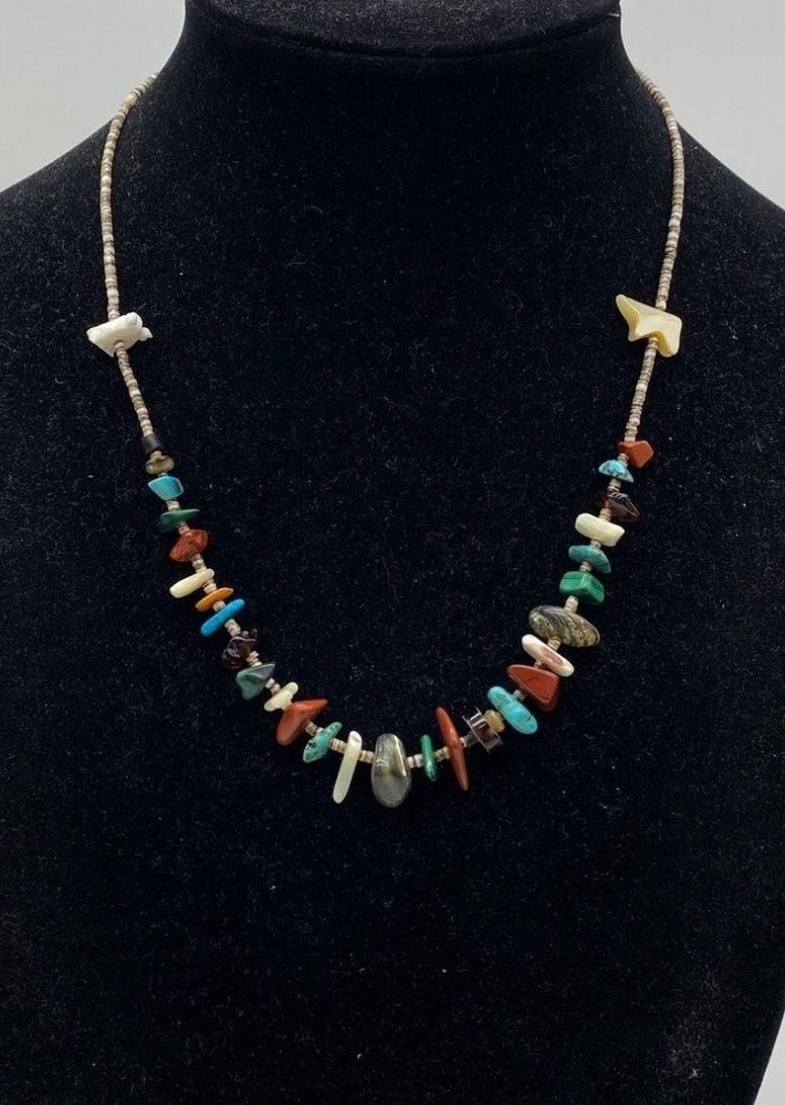 Vtg SW Pueblo Multiple Stone Coral Shell Glass Heishi Fetish Beaded Necklace