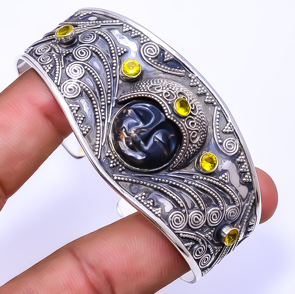 Copper Black Turquoise & Citrine 925 Sterling Silver Bali Cuff 6.99