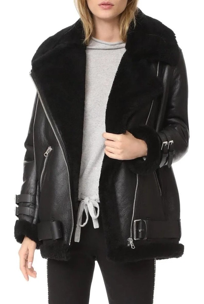 Women's Black Sheepskin Shearling Coat - Fur Sherpa Aviator B3 RAF Winter Jacket