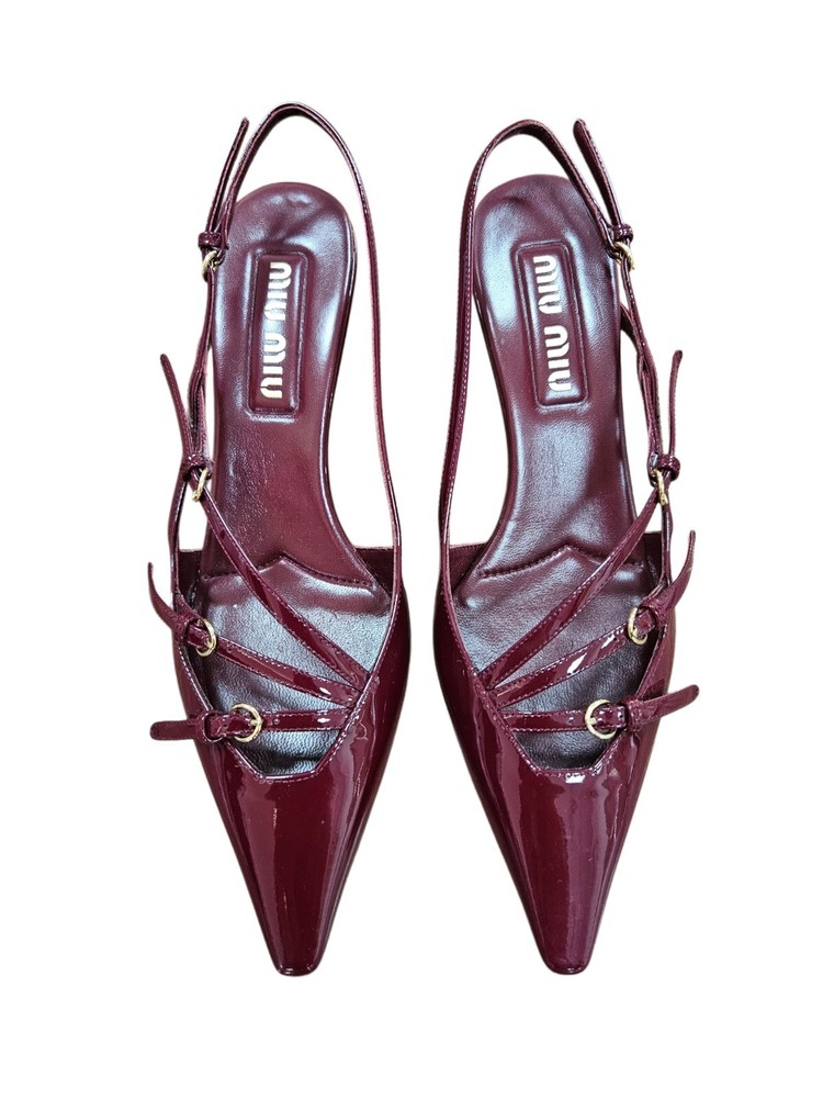 Miu Miu Burgundy Patent Kitten Heel Slingback Pumps with Buckle