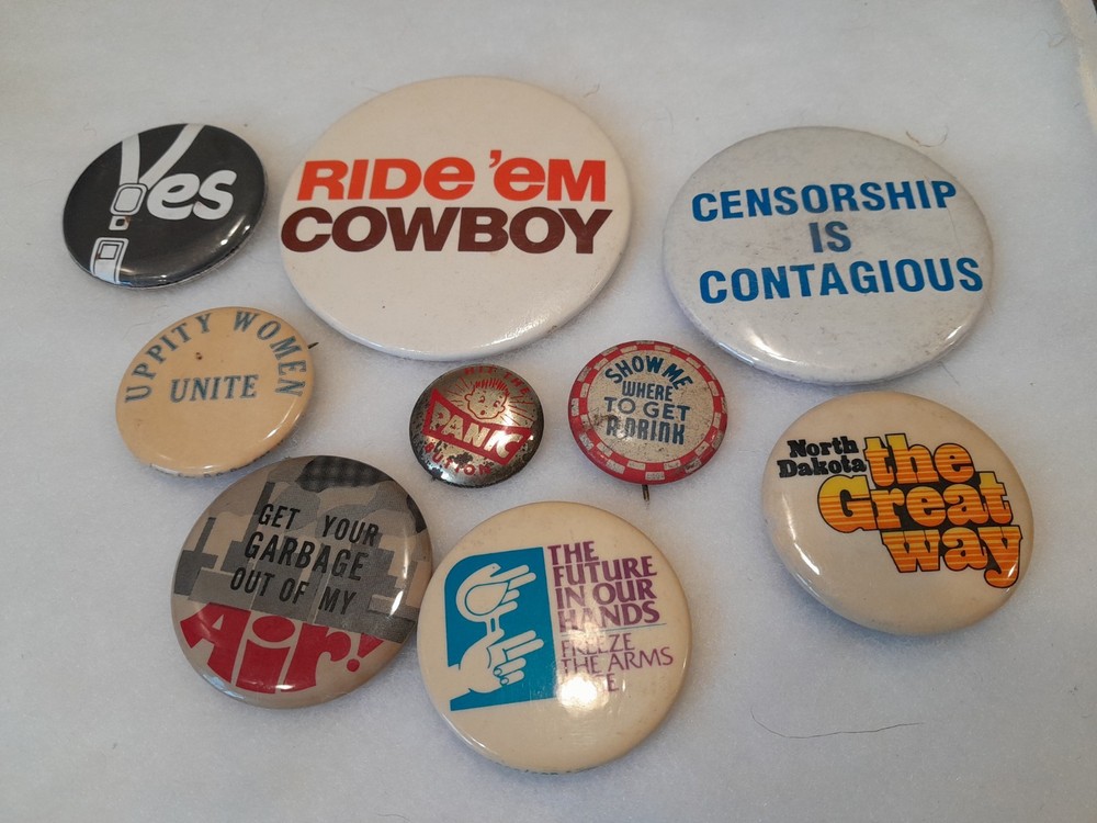 Vintage 1970s-1980s Pinback Buttons - Lot of 9 Cowboy Nukes Pollution Women