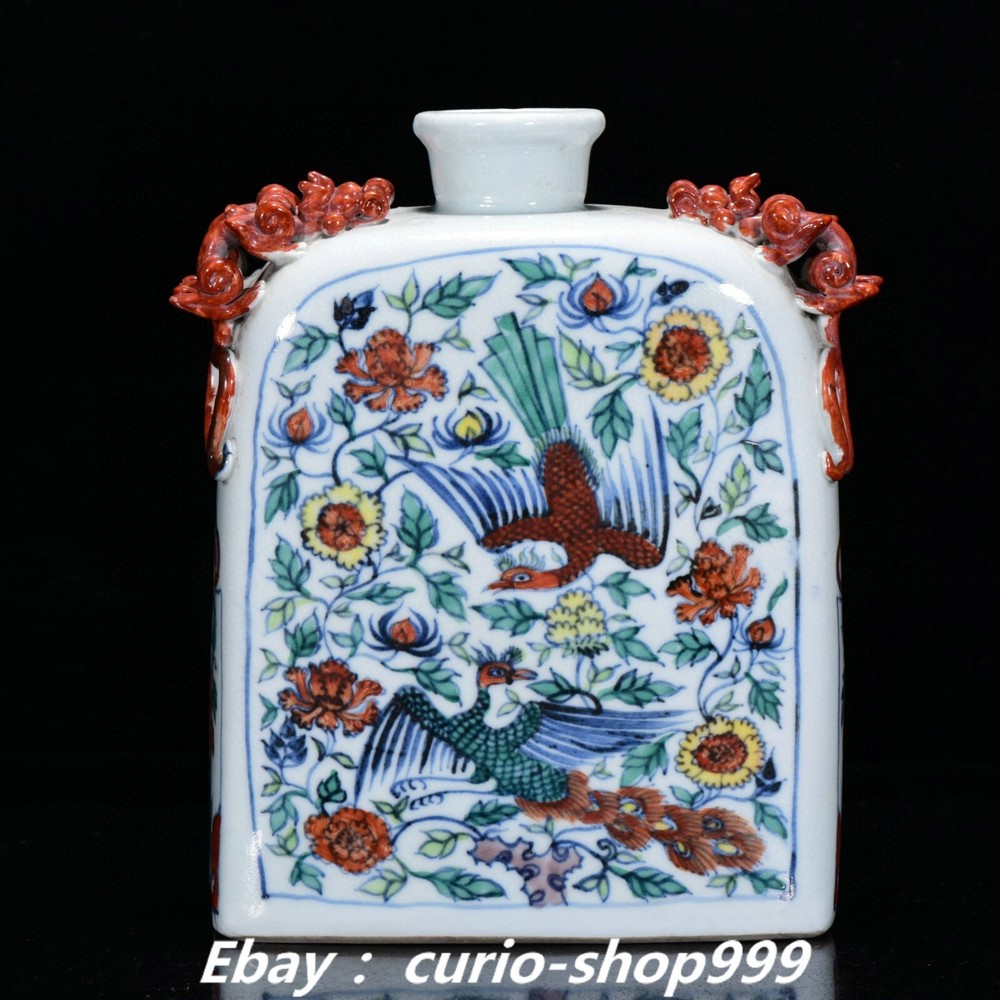 9-Inch Yuan Dynasty Wucai Porcelain Phoenix Flower Animal Vase