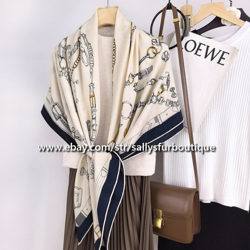 70% Cashmere 30% Silk Double Face Shawl with Chains Print in Cream 53
