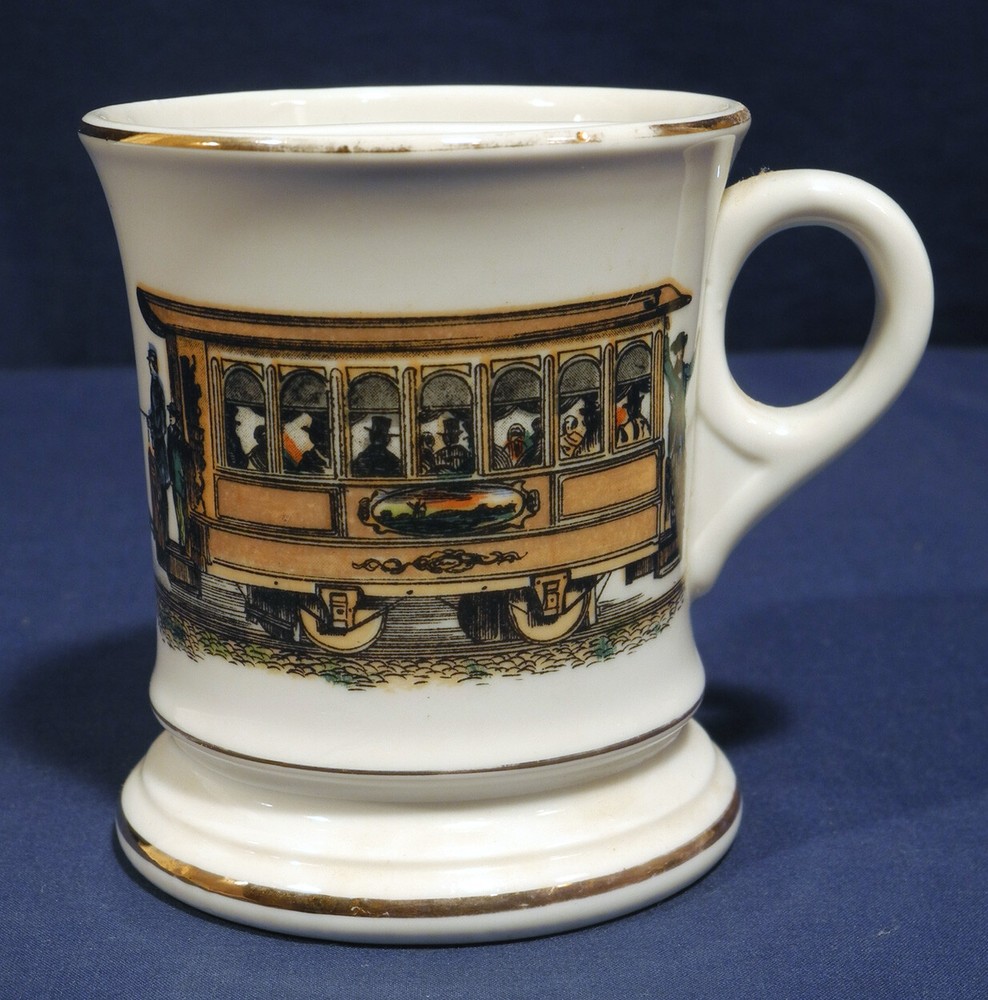 Vintage Antique Porcelain Ceramic Shaving Mug with Horse Drawn Trolley Car Tram