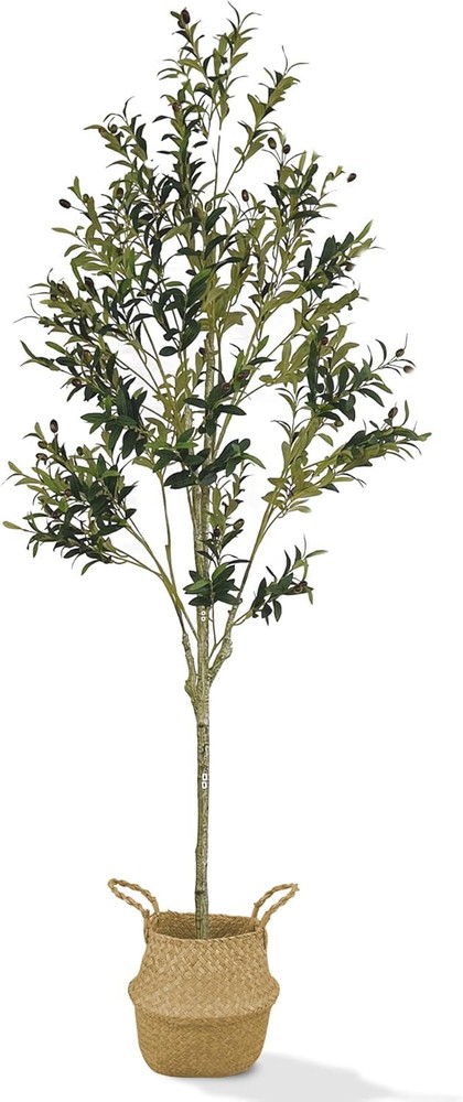 Faux Olive Tree 7 Feet - Free Wicker Planter Pot Included - Green