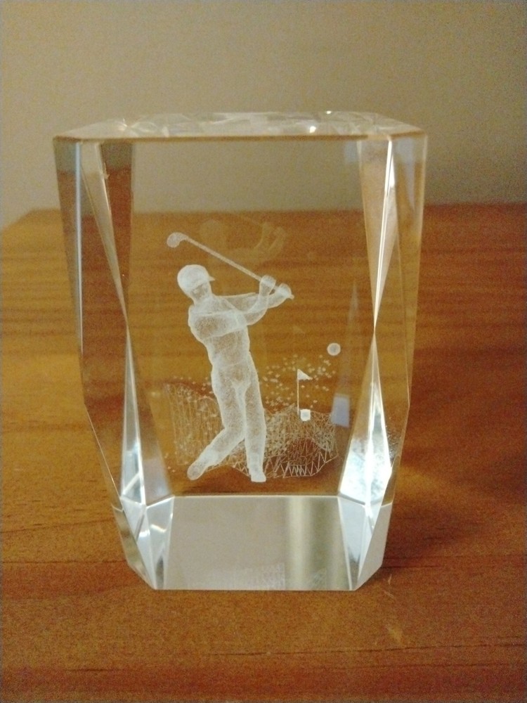 3D Laser Etched Crystal Cube Golfer Paperweight