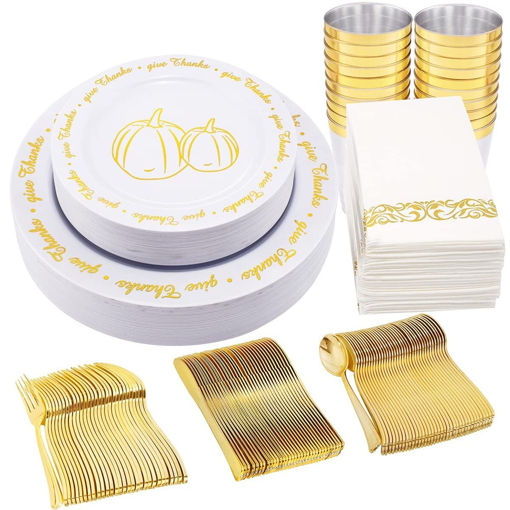 200pcs Gold Thanksgiving Plastic Dinnerware Set with Plates, Cutlery & More