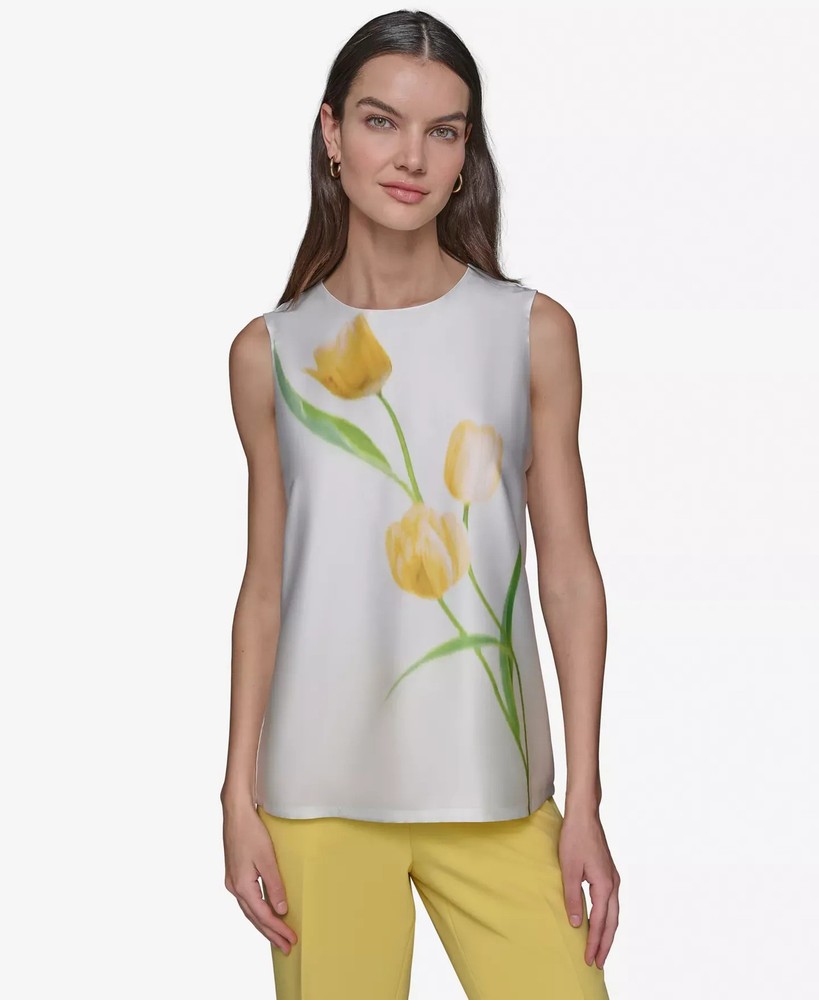 KARL LAGERFELD PARIS Women's Top Sz XL Floral-Print Sleeveless