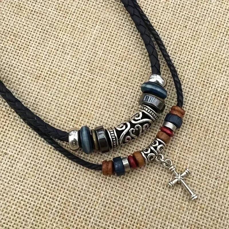 Leather Tribal for Cross Necklace for Women Men Vintage Ethnic